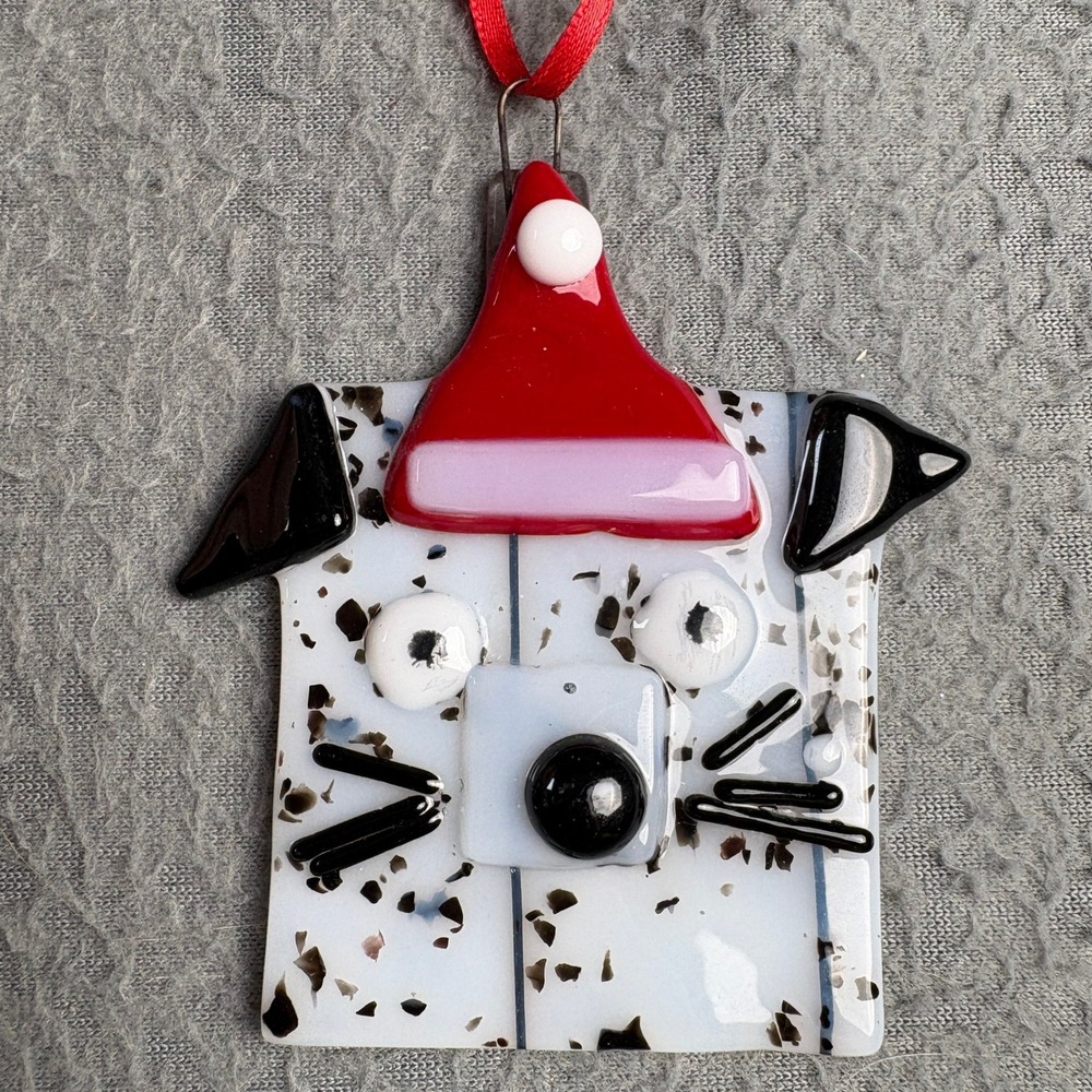 Handmade Fused Glass Dalmatian Dog Christmas Ornament Santa Hat Black White Red